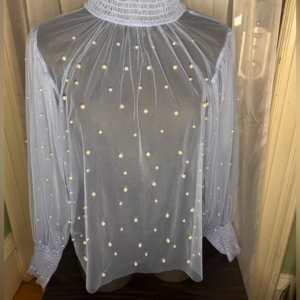 Haute Monde Light Blue Blouse with Pearl Details